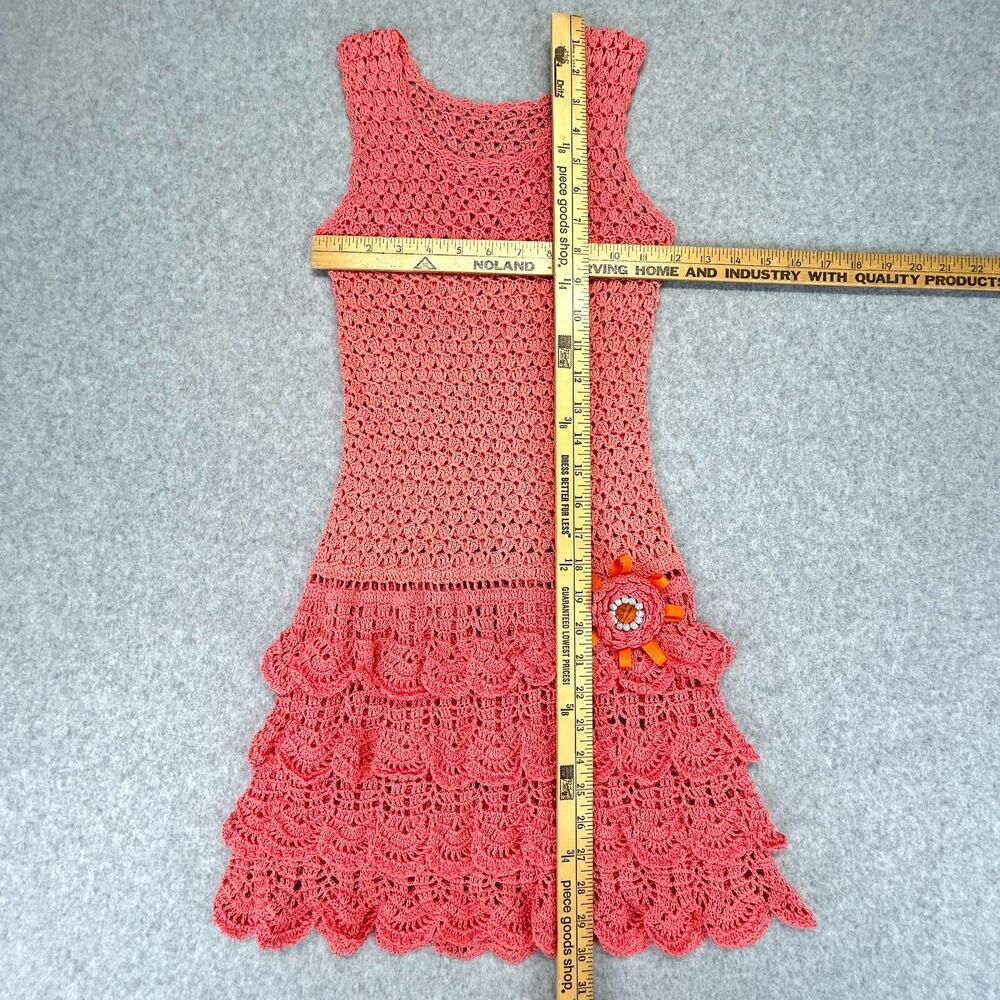 Handmade Crochet Ruffle Dress Girls Size 6 (30" Length) Pink Coral Sleeveless - Picture 7 of 13